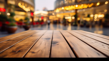 Wooden table blurred background of restaurant,  image of wooden table in front of abstract blurred background of resturant lights Empty tabletop in the coffe shop