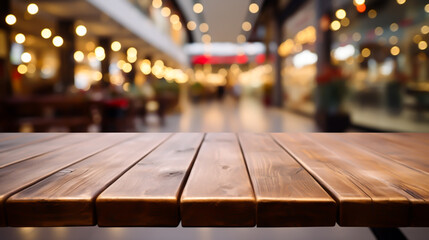Wooden table blurred background of restaurant,  image of wooden table in front of abstract blurred...