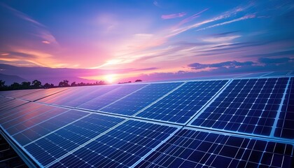 Green power generation: solar panels at sunset with beautiful sky representing sustainable energy solutions and environmental protection