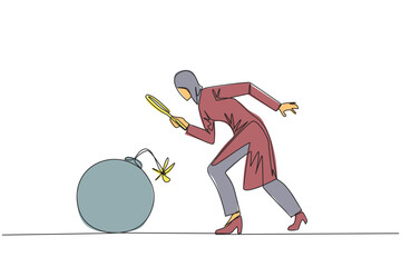 Single one line drawing of Arabian businesswoman holding magnifying glass look at large bomb with a burning fuse. Preventing explosions like preventing business destruction. Continuous line graphic