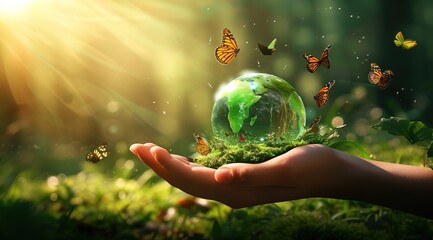 Harmonious world: a human hand holding green earth surrounded by fluttering butterflies under the sun's rays - obrazy, fototapety, plakaty