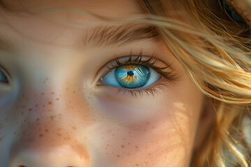 A peaceful close-up of a child's eye, framed by a serene and calming nature landscape. Created with generative AI.