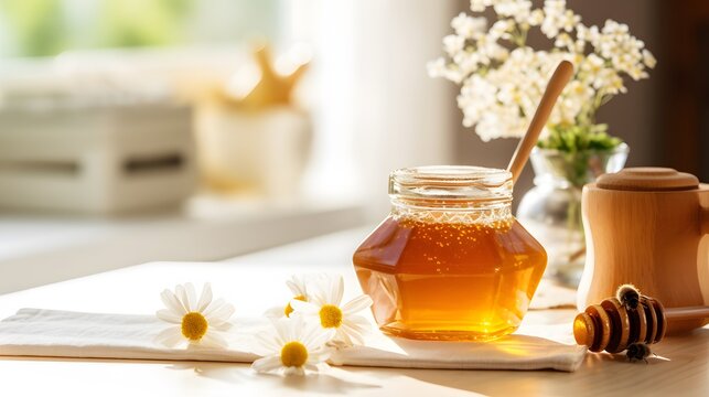 Natural floral golden honey in glass jar on table in light colored kitchen. Background with copy space for bee farm for production of homemade healthy honey.