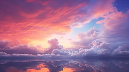 Panorama view red and purple sunset sky. Beautiful cloudscape in heaven sky. Nature background. Golden and dark fluffy clouds with sunlight. Beautiful clouds layer. Majestic sky for wallpaper. 
