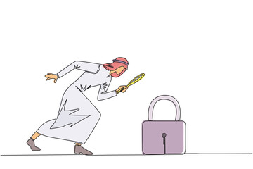 Single continuous line drawing Arabian businessman holds magnifying glass look at padlock. Looking ways to protect stock values to keep high and safe from hackers. One line design vector illustration