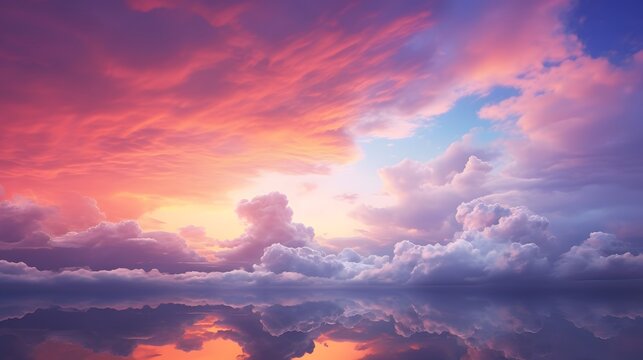 Panorama view red and purple sunset sky. Beautiful cloudscape in heaven sky. Nature background. Golden and dark fluffy clouds with sunlight. Beautiful clouds layer. Majestic sky for wallpaper. 
