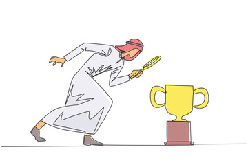 Single continuous line drawing of Arabian businessman holding magnifying glass looking at trophy. Long journey of running a business pays off by finding trophy as reward. One line vector illustration