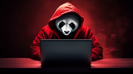 Panda Hacker in Hoodie behind computer.