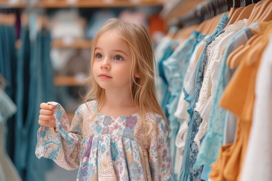 A young girl stands among a sea of clothes hangers, her hair falling gracefully over her face as she contemplates which dress will best express her unique sense of style in the bustling clothing stor