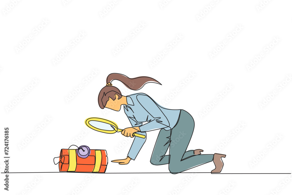 Poster continuous one line drawing businesswoman holding magnifying glass highlighting dynamite has a clock