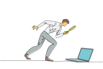 Single one line drawing businessman holding magnifying glass looking at laptop computer. Confused a programmer facing the bugs in the application he made. Continuous line design graphic illustration