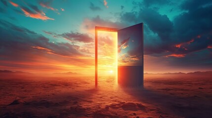 Generative AI image of ancient door and sunset in the desert, in the style of mesmerizing optical illusions, light brown and light beige