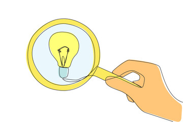 Single continuous line drawing big hand holding magnifying glass highlights lightbulb. Concept of ideas. Intelligence will be used and useful for business benefits. One line design vector illustration