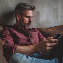 Portrait of an attractive man wearing casual clothes sitting on a couch at the living room with mobile phone. For commercial advertising