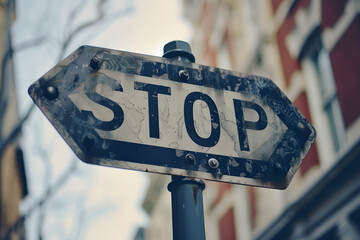 Halt und Verfall: Heruntergekommenes Schild mit der Aufschrift 'STOP' verströmt nostalgische Authentizität und erzählt Geschichten vergangener Zeiten. - obrazy, fototapety, plakaty