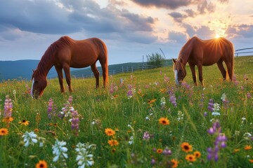 A majestic mustang mare stands in a colorful meadow, her mane flowing in the gentle breeze as she grazes among the wildflowers under the vast open sky - obrazy, fototapety, plakaty