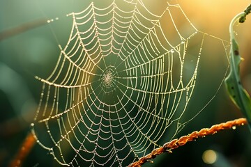 Glistening droplets adorn the intricate web, crafted by a skilled spider in the midst of nature's serene embrace