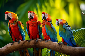 Macaw parrots. World Wildlife Day. Group of wild animals on nature background..Macaw parrots. World Wildlife Day. Group of wild animals on nature background.