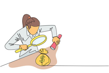Continuous one line drawing businesswoman holds magnifier and flashlight, then checks the money bag. Investigate money bag ownership. Style like detective. Single line draw design vector illustration