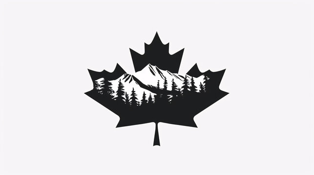 a black and white image of a mountain and trees on a maple leaf