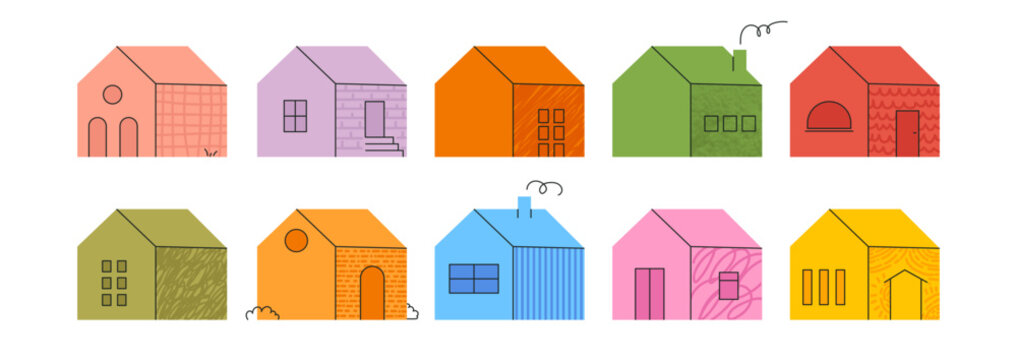 Set of simple house icons in bright color with simple black doodle lines. Contemporary trendy illustration with textures. Vector kit of children's pictures