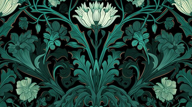 Generative AI, Deep green floral pattern in the style of art nouveau 1900s, beautiful flowers and plants