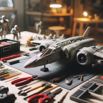Model of a spaceship on the desktop.