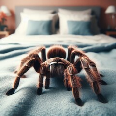 A large spider sitting on the bed. - obrazy, fototapety, plakaty