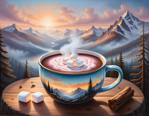 cup of hot cocoa with marshmallows in winter with a snowy mountain backdrop