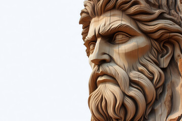 A man's face carved from wood on a white background. Place for text. - obrazy, fototapety, plakaty