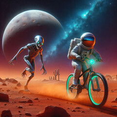 A terrible alien runs after an astronaut riding a bicycle.