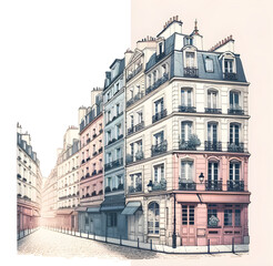Fototapeta na wymiar Charming Parisian-Inspired European Cityscape with Classic Architecture, French Balconies, and Mansard Roofs - Concept of Travel, Romance, and Urban Elegance