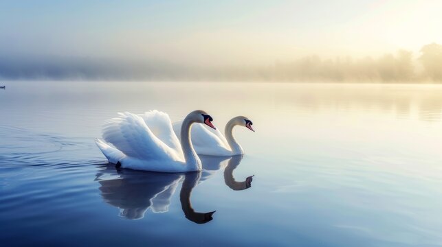 Serene Lake Scene with Graceful Swans AI Generated.