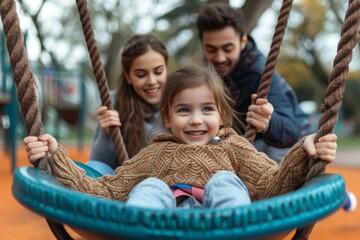 A trio of joyful family members watch as a carefree young girl gleefully swings in the sunshine at a playful outdoor playground - Powered by Adobe