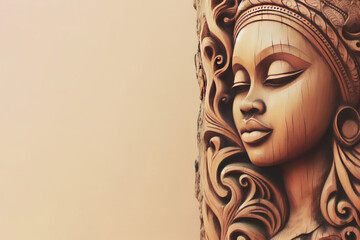 Beautiful illustration of a woman's face carved in wood. Place for text.