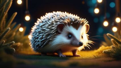 Hedgehog with a lantern in the night. Cute cartoon hedgehog. Generative AI