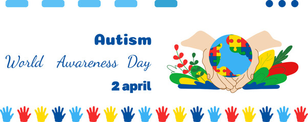 Horizontal Border World Autism Awareness Day. flat Vector banner with Earth globe in hands, plants.
