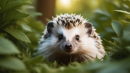 Hedgehog in the forest. Wild, native, European hedgehog (Scientific name: Erinaceus Europaeus). Cute cartoon hedgehog. Generative AI - obrazy, fototapety, plakaty