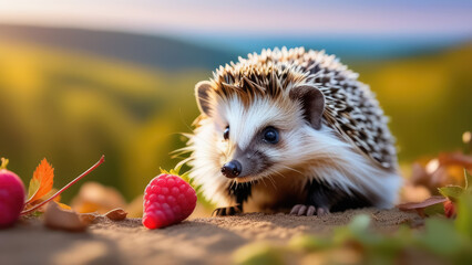 hedgehog with raspberries and strawberries against a forest background. Cute cartoon hedgehog....