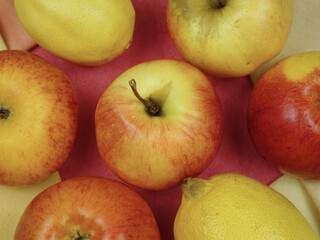 Fresh ripe yellow red apples and yellow lemons lying on the multi-colored fabric napkins in the colors of the fruits lying on them, background