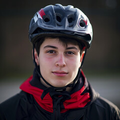 Portrait of a young man in a professional full protective bike helmet