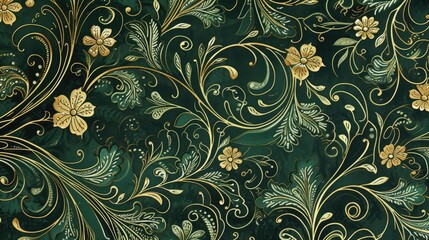 Generative AI, Deep green floral pattern in the style of art nouveau 1900s, beautiful flowers and plants