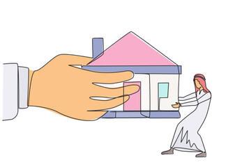 Single continuous line drawing Arab businessman pulling miniature house which is also pulled by big hand. Failed to pay the mortgage so that it can be withdrawn by bank. One line vector illustration