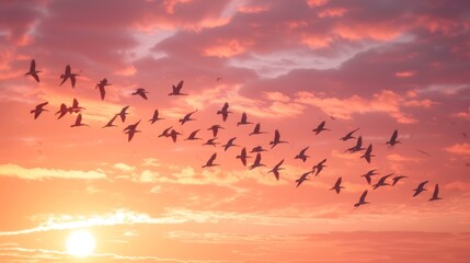 Obraz premium Teamwork in Flight: Migrating Birds in V-Formation Soaring Through a Sunset AI Generated