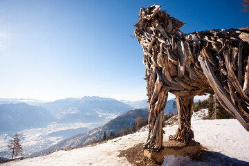 Wooden sculpture of a wolf. Italian landmark