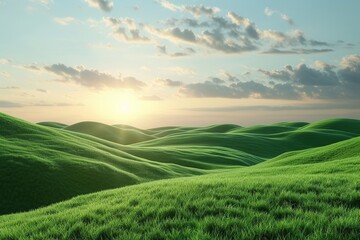Fototapeta premium Landscape of green grass on slope with blue sky and sunrise