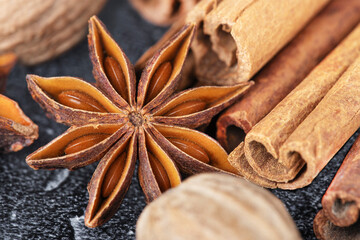 Background of cinnamon sticks, star anise and nutmeg