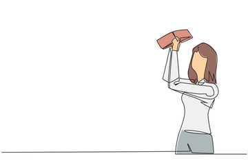 Single continuous line drawing of businesswoman stood holding and turning an empty wallet. Woman who go bankrupt in running a business. Don't have any money at all. One line design vector illustration