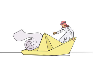 Single continuous line drawing of Arabian businessman boarded a paper boat loaded with rolls of paper bills and almost drowned. Spending more than income. Large pegs than poles. One line design vector