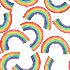 Seamless childish watercolor pattern. Colorful rainbow kids background. Perfect for textile, fabric, wrapping paper, linens, wallpaper. Hand drawn illustration